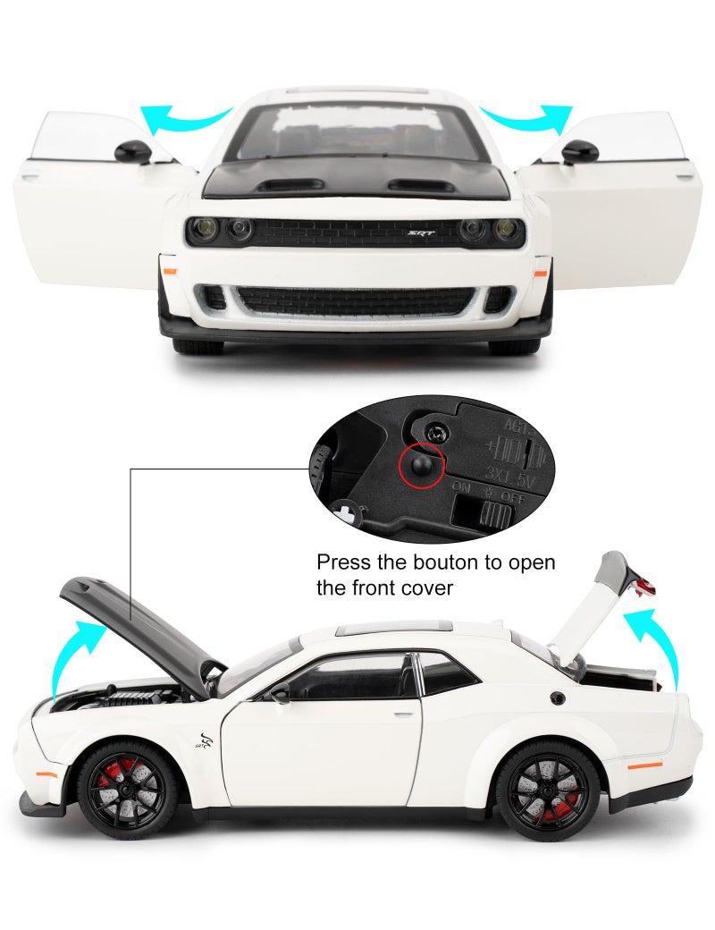 LOVEPOSELY متوافق مع 1/24 دودج تشالنجر SRT Hellcat نموذج سيارة قابل للجمع، نموذج سيارة مصبوب مع أضواء وأصوات لعبة سيارة سحب للخلف للبالغين والأطفال تزيين هدايا عيد الميلاد (أبيض) - Image 4